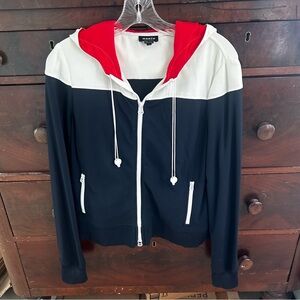 Worth Womens Small Red White Blue Crop Hoodie Bomber Jacket Coat USA Lightweight